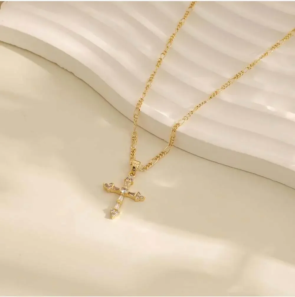 Luckfairy 14K Gold Plated Small Dainty CZ Cross‎ Pendant Necklace